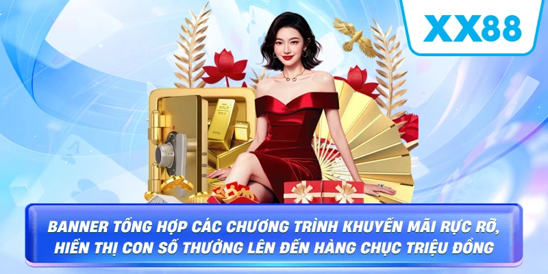 Banner tổng hợp các chương trình khuyến mãi rực rỡ, hiển thị con số thưởng lên đến hàng chục triệu đồng
